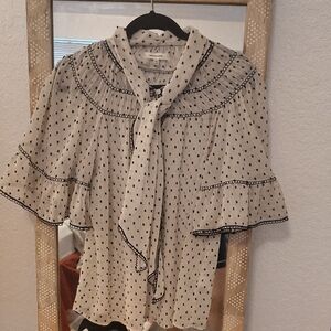 Max Studio Cream Polka Dot Tie-Neck Blouse with Flutter Sleeves